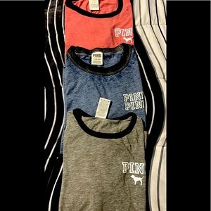 I’m selling my vs pink shirts size small for $15 all three shirts they are used